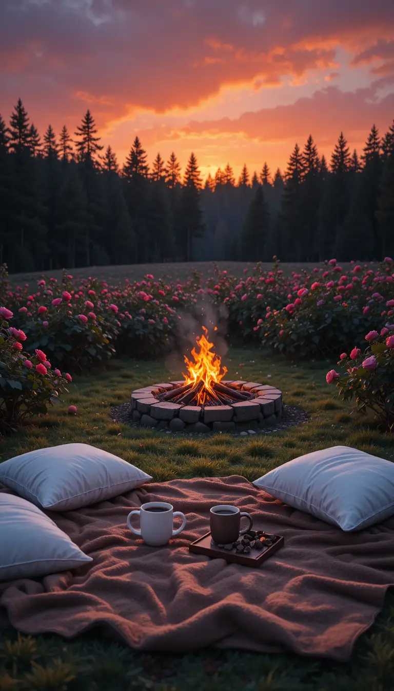 Cozy sunset picnic with campfire in a rose field
