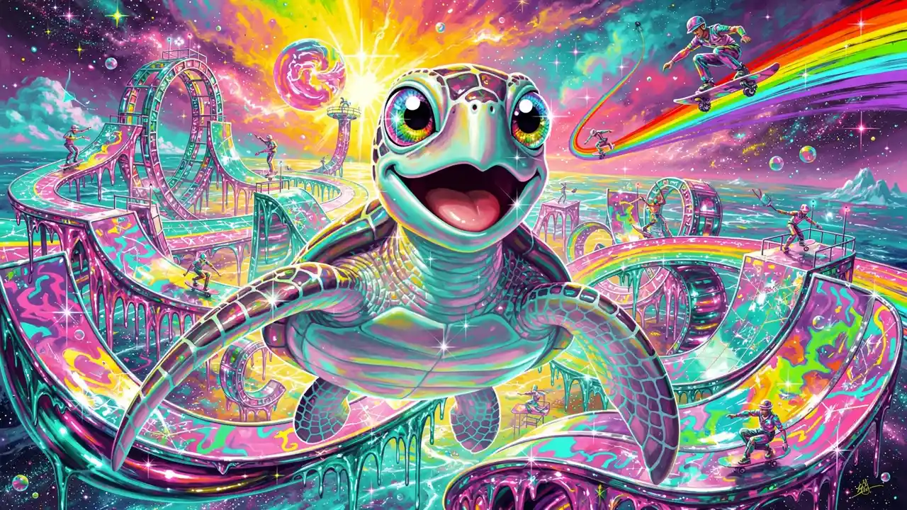 Smiling cosmic sea turtle in surreal neon dreamscape