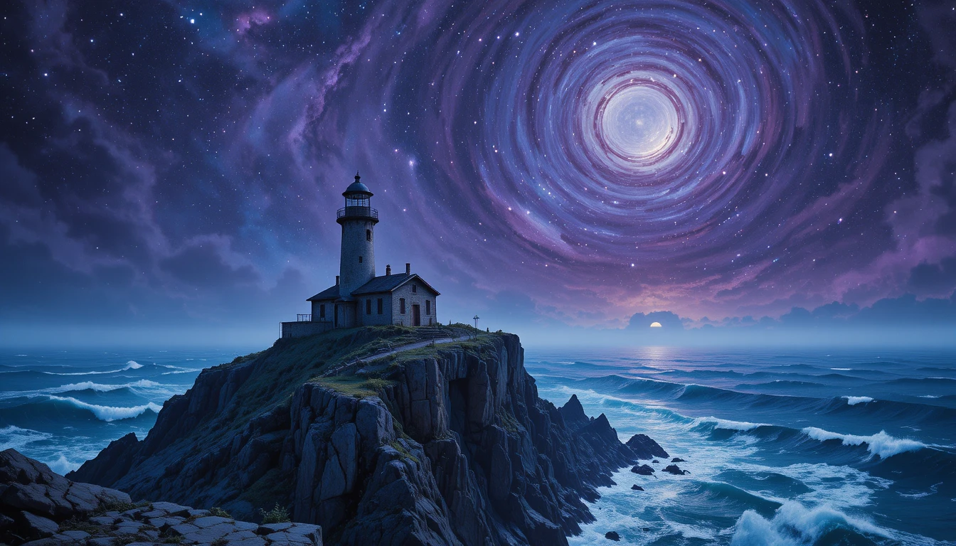 Abandoned lighthouse on a jagged cliff above cosmic ocean