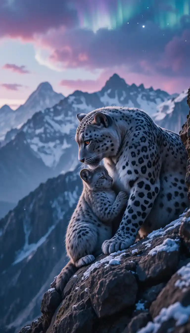 Mamma leopardo delle nevi che coccola il cucciolo su una scogliera di montagna