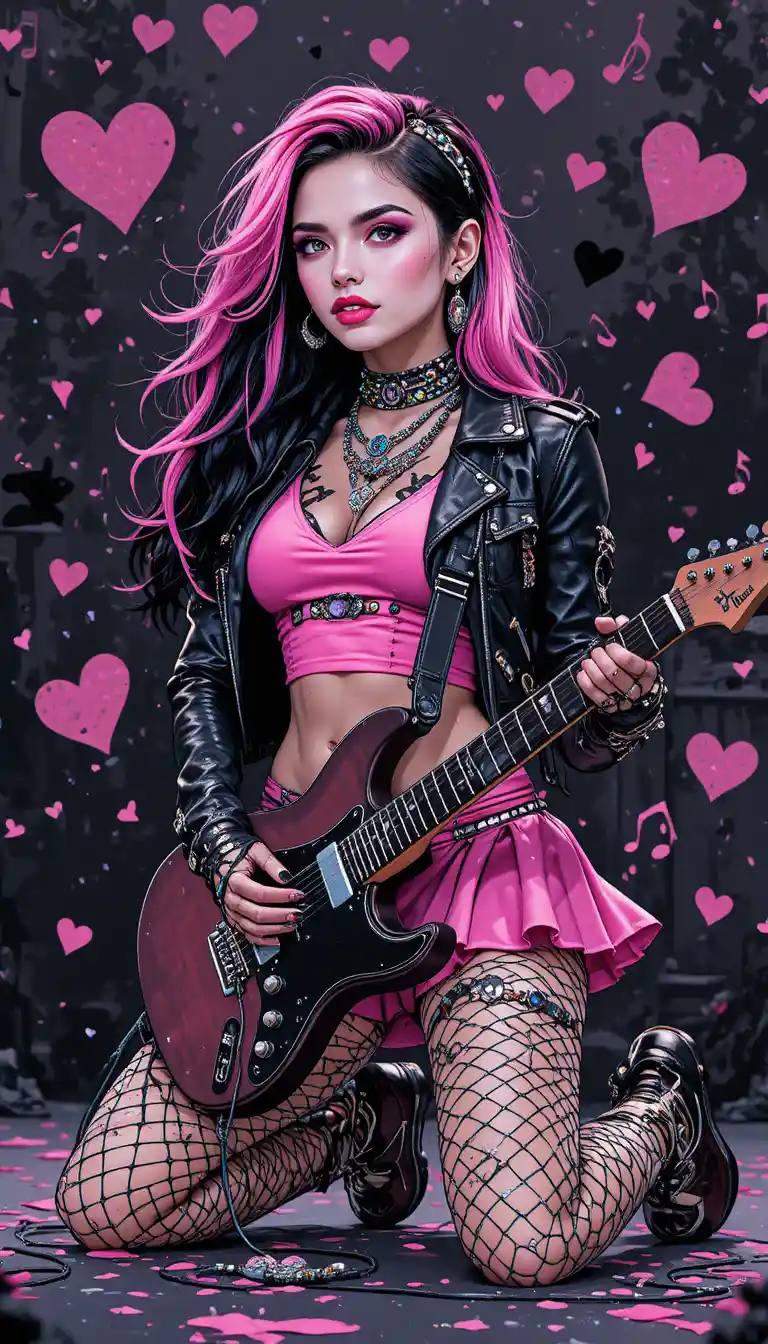 Garota gótica adolescente detonando guitarra elétrica no palco