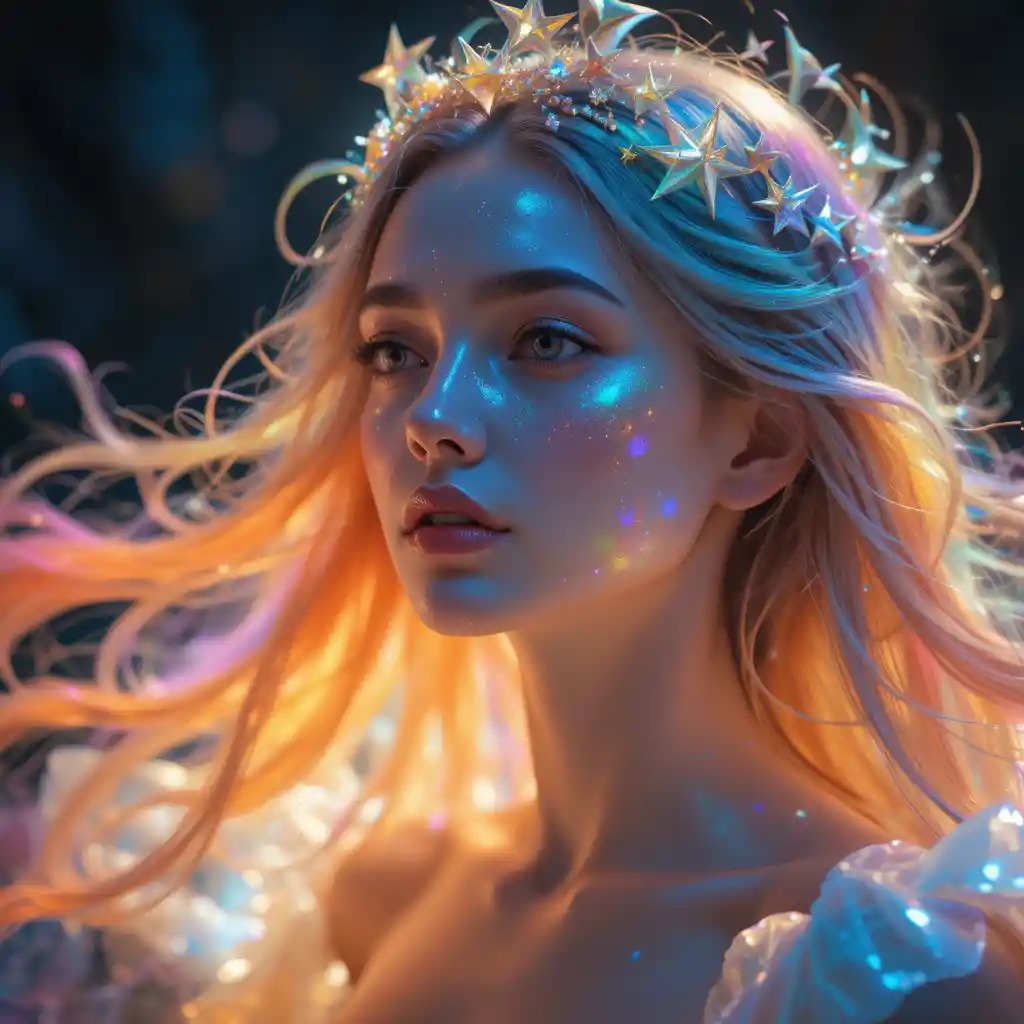 Empowering rainbow haired goddess woman in starry crown