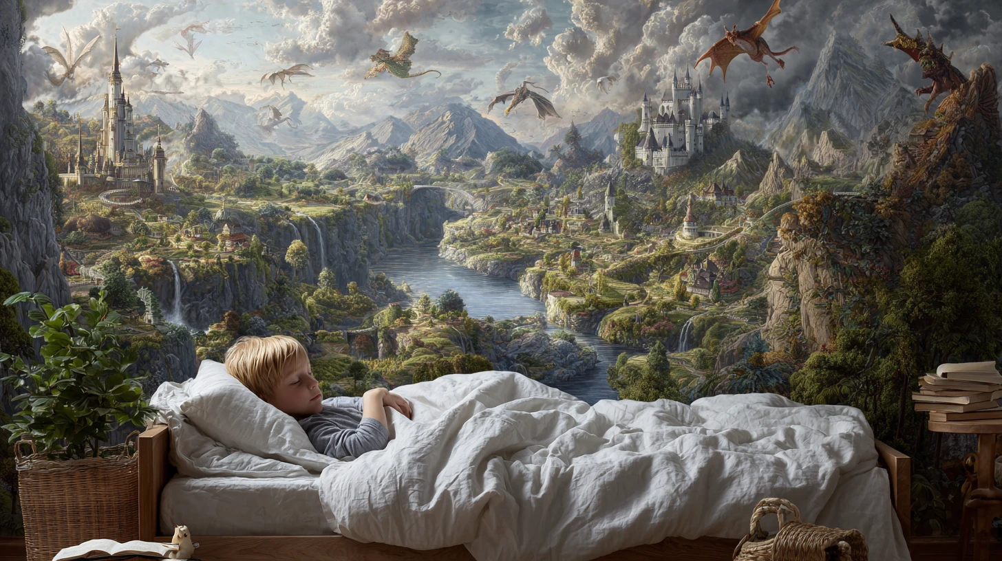 Enfant endormi dans une chambre ouverte sur un monde magique de fantasy