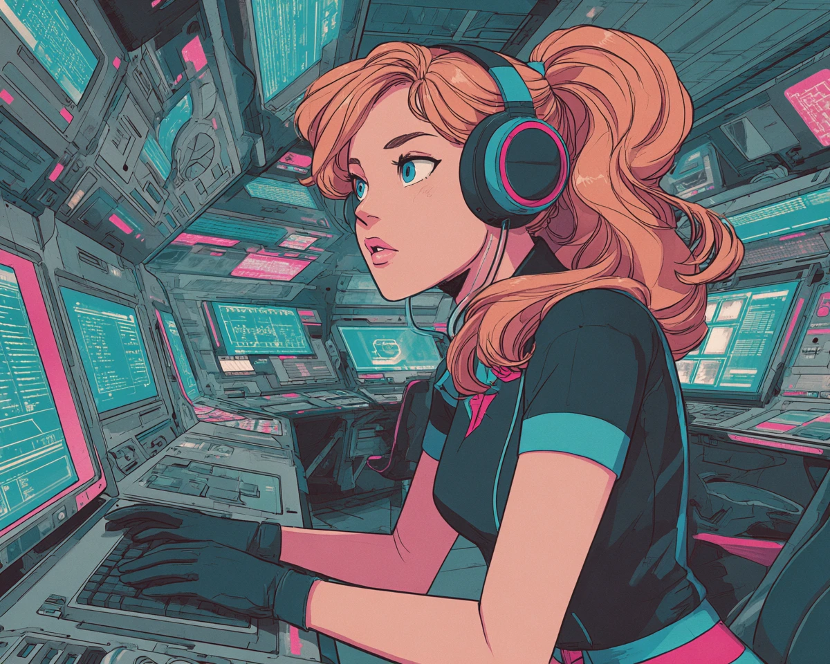 Chica de anime en puesto de control de nave espacial iluminado con neón