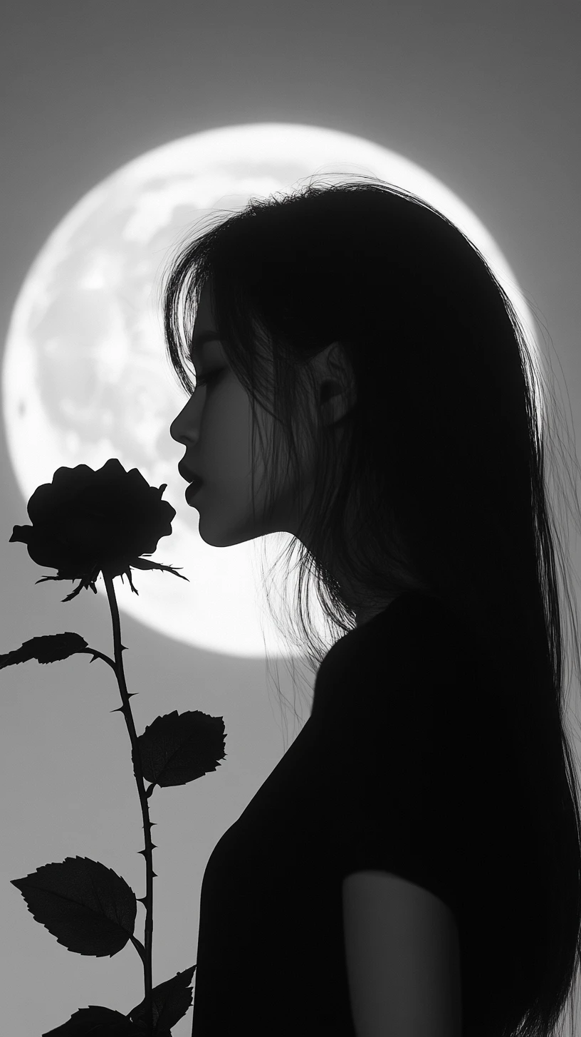 Giovane donna che tiene una rosa nera sotto una luna piena luminosa
