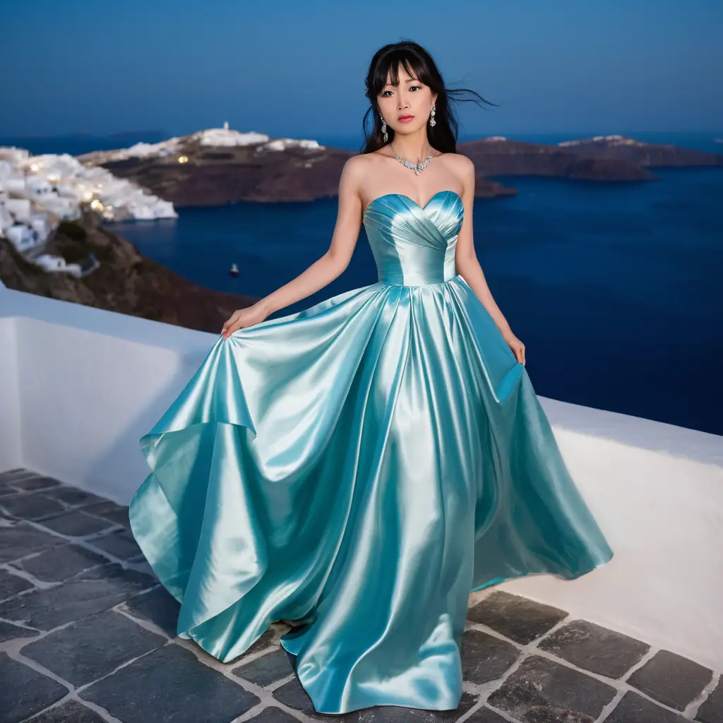 Elegante mujer japonesa con vestido de satén de noche en Santorini