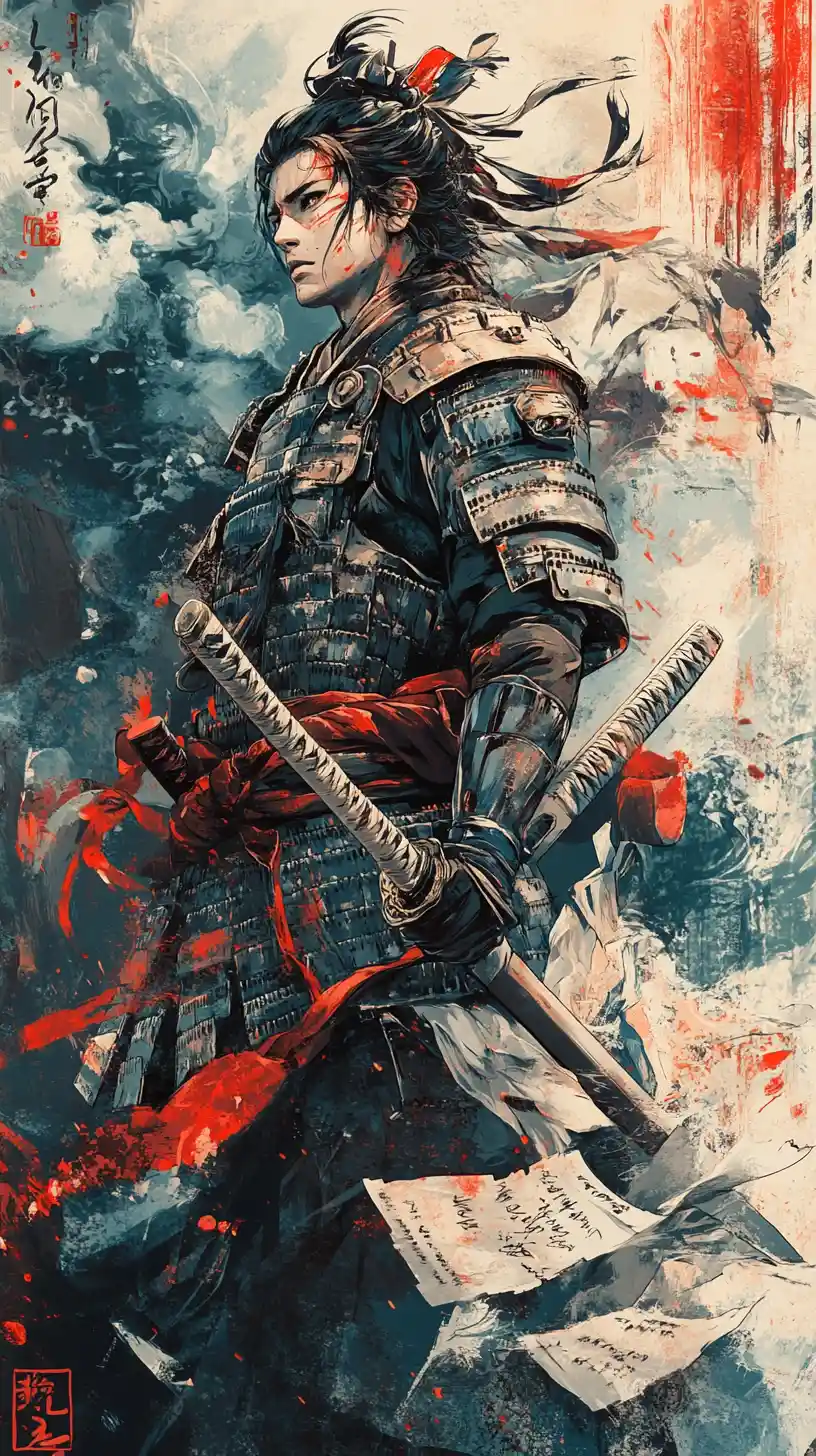 Junger Samurai in Papierrüstung, der entschlossen nach oben blickt