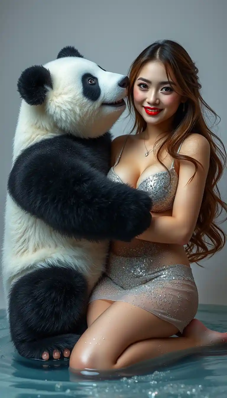 Femme romantique souriant de près avec un panda câlin