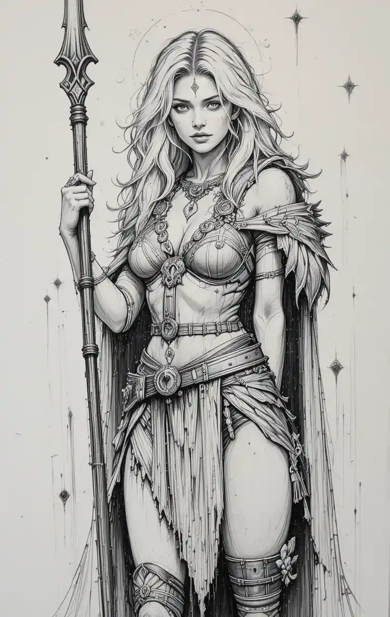 Fierce blonde warrior woman with skull and spear