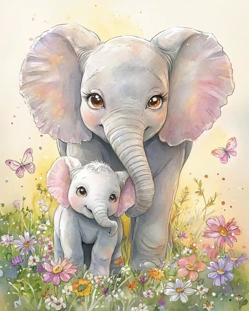 Watercolor mother elephant with baby in sunny flower meadow