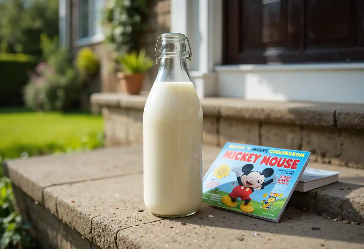 Milchflasche und Kindermagazin auf einer sonnigen Türschwelle