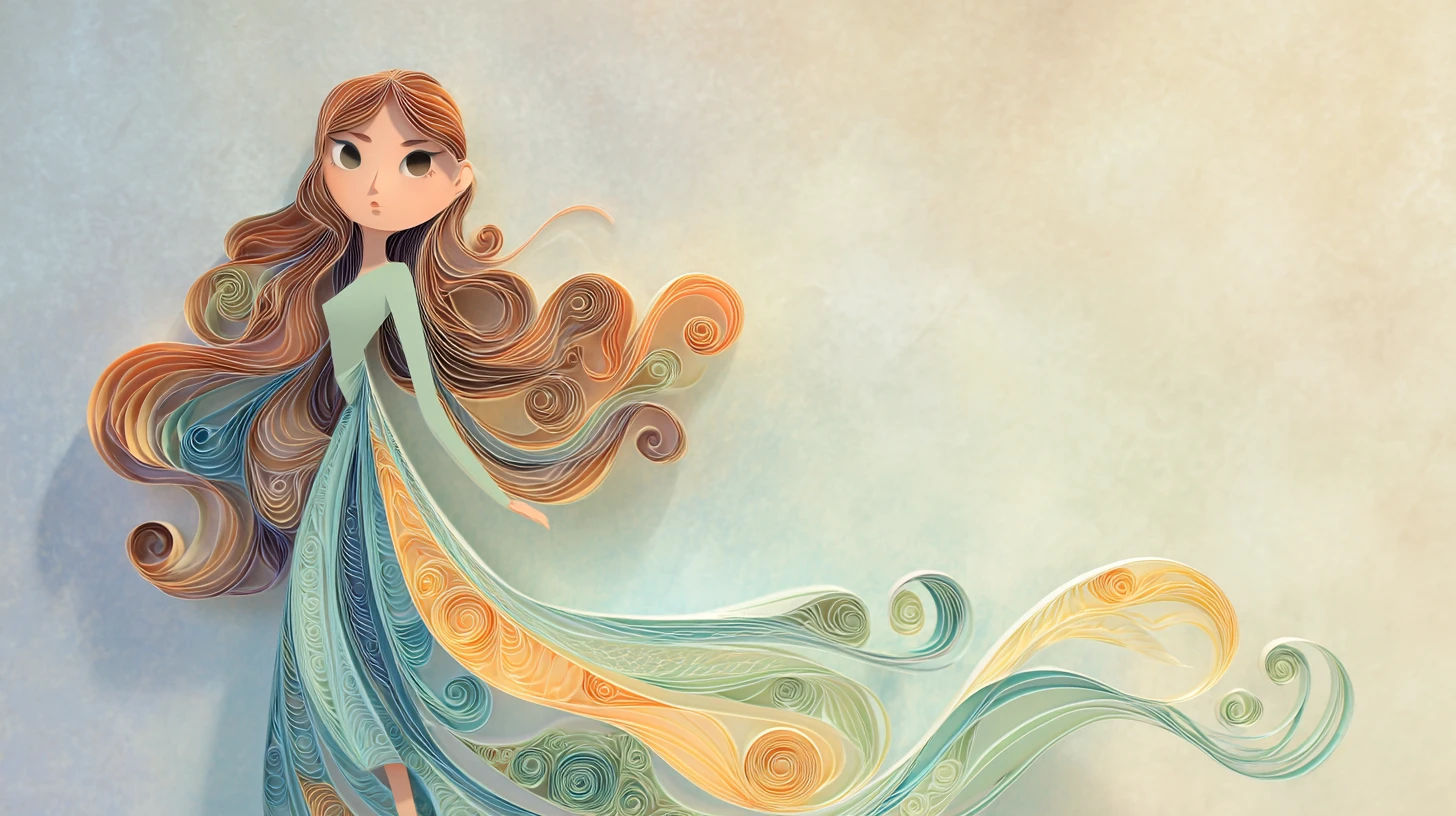 Elegante niña recortada en papel sobre fondo de degradado pastel suave