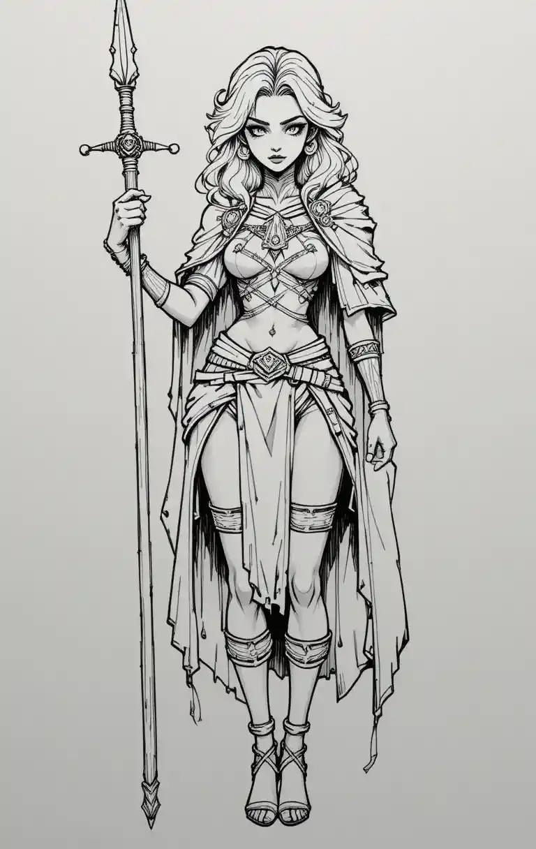 Fierce blonde warrior woman in tribal armor drawing