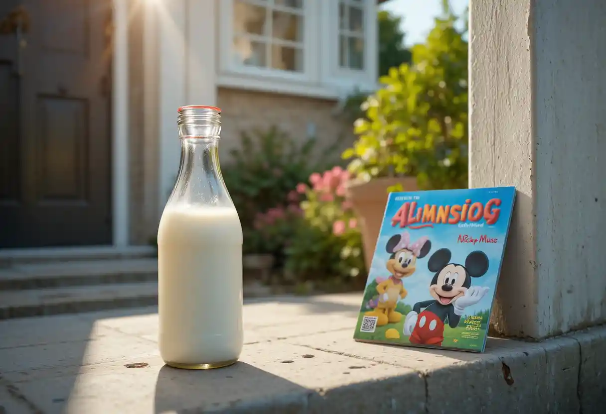 Milk bottle and kids magazine on a sunny doorstep