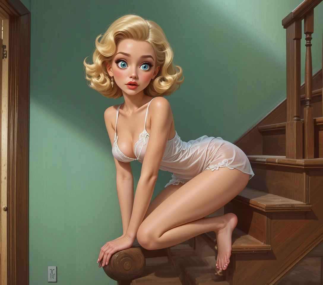 Coqueta mujer pin-up rubia en una escalera de madera