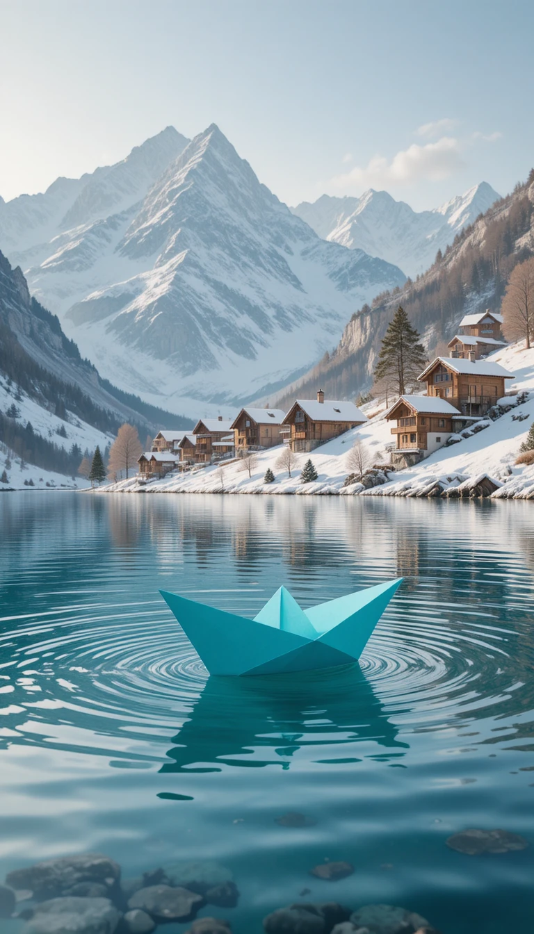 Barchetta di carta turchese su un limpido lago di montagna invernale