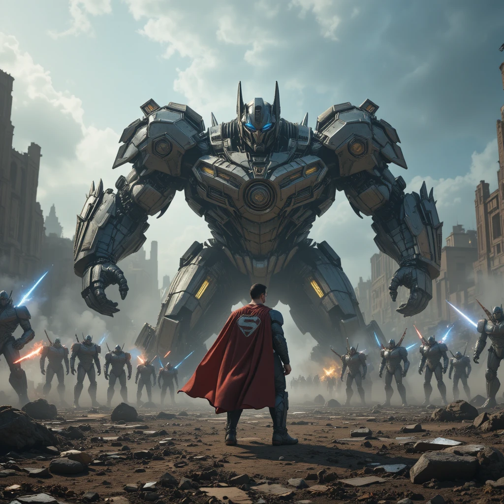 Superhero faces giant robot in post apocalyptic battlefield