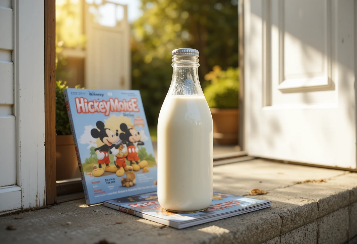 Milchflasche und Kindermagazin auf einer sonnigen Türschwelle