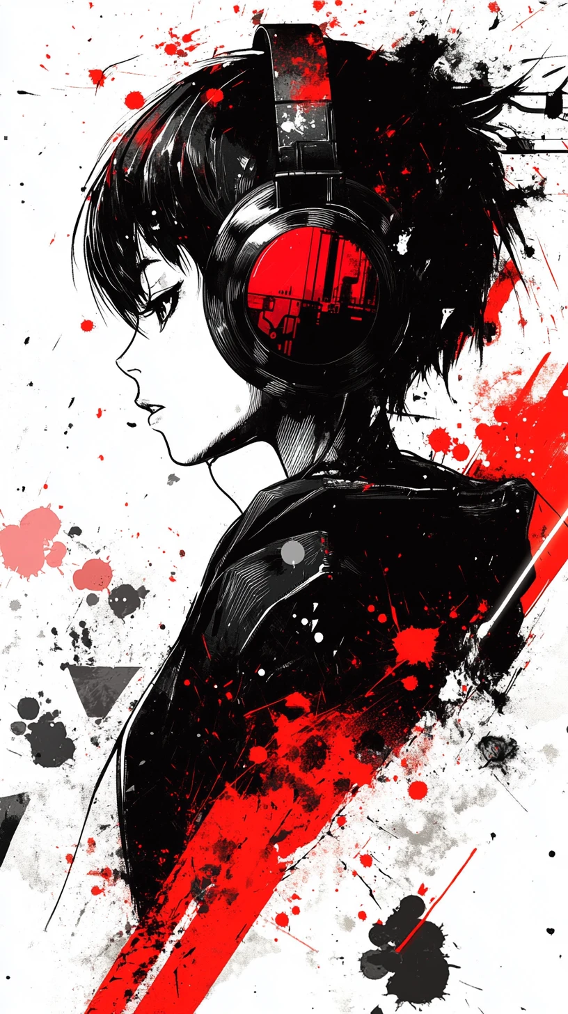 Fille d’anime avec casque, perdue dans une musique intense