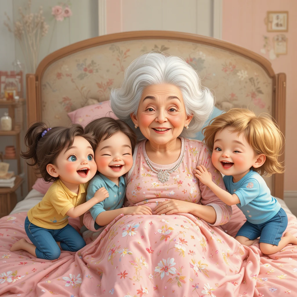 Abuela abrazando con alegría a sus queridos nietos en casa