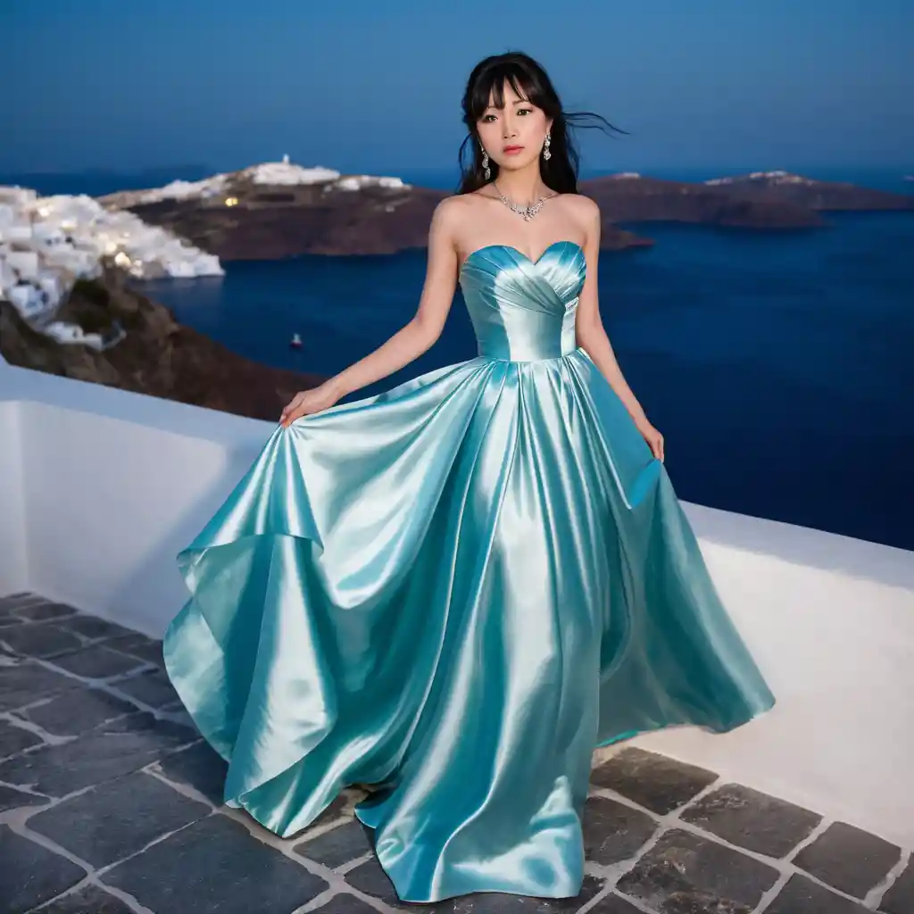 Elegante mulher japonesa em vestido de cetim à noite em Santorini
