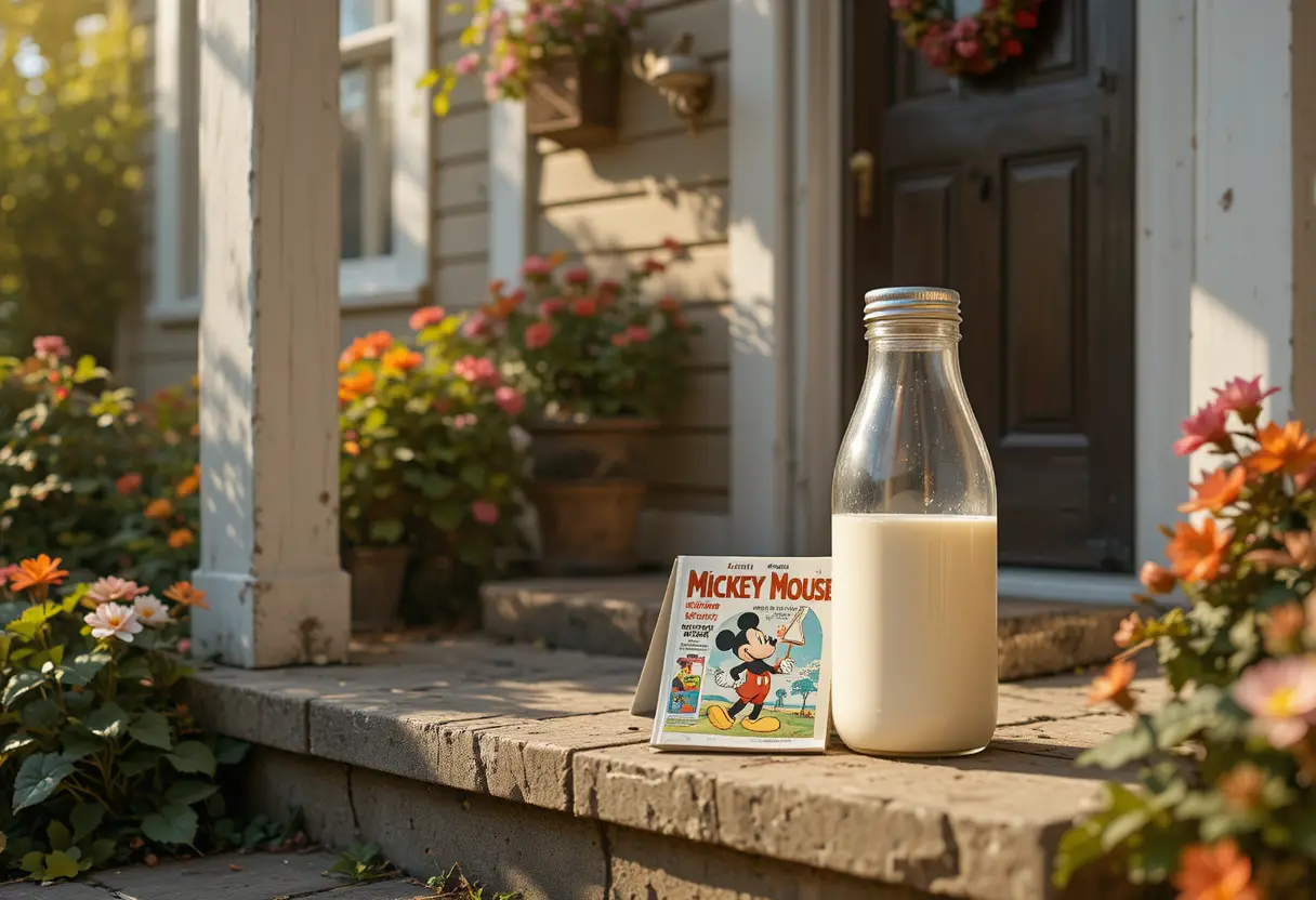 Vintage milk bottle on a sunny doorstep with magazine