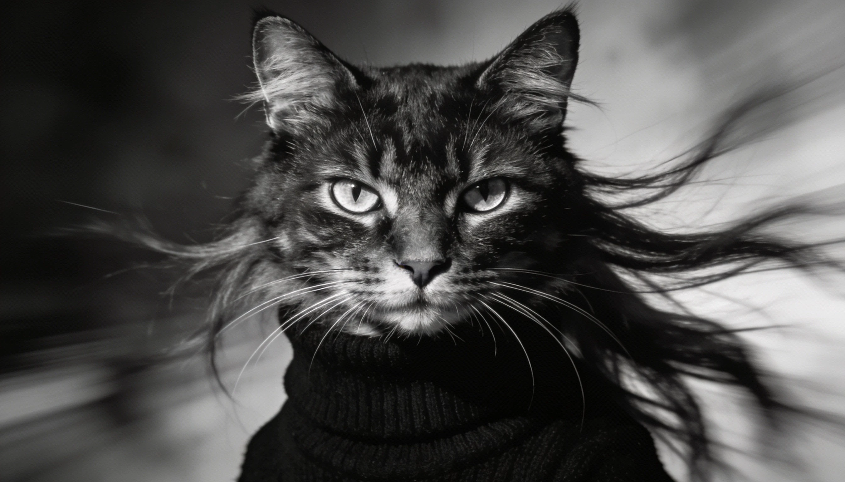 Retrato Dramático en Blanco y Negro de un Gato con Cuello Alto