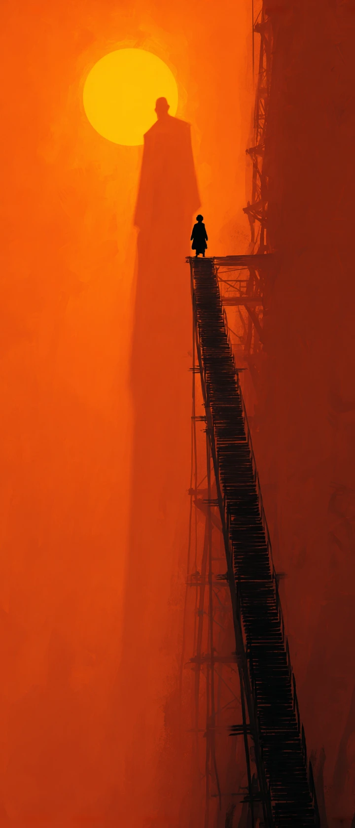 Pequeño niño en lo alto de una escalera colosal con un rey de sombras gigante