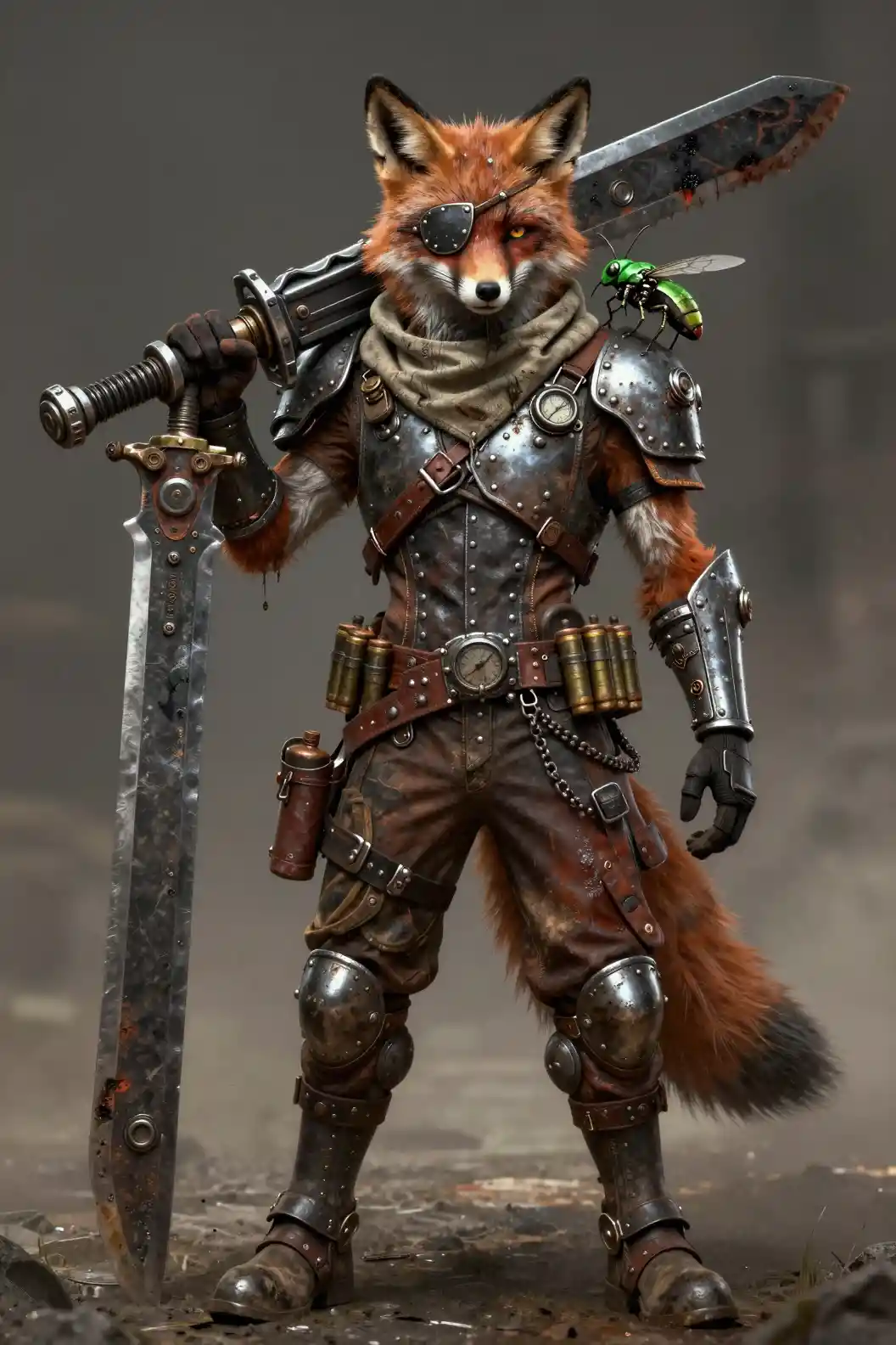 Zorro mercenario con cicatrices de batalla en armadura industrial dieselpunk