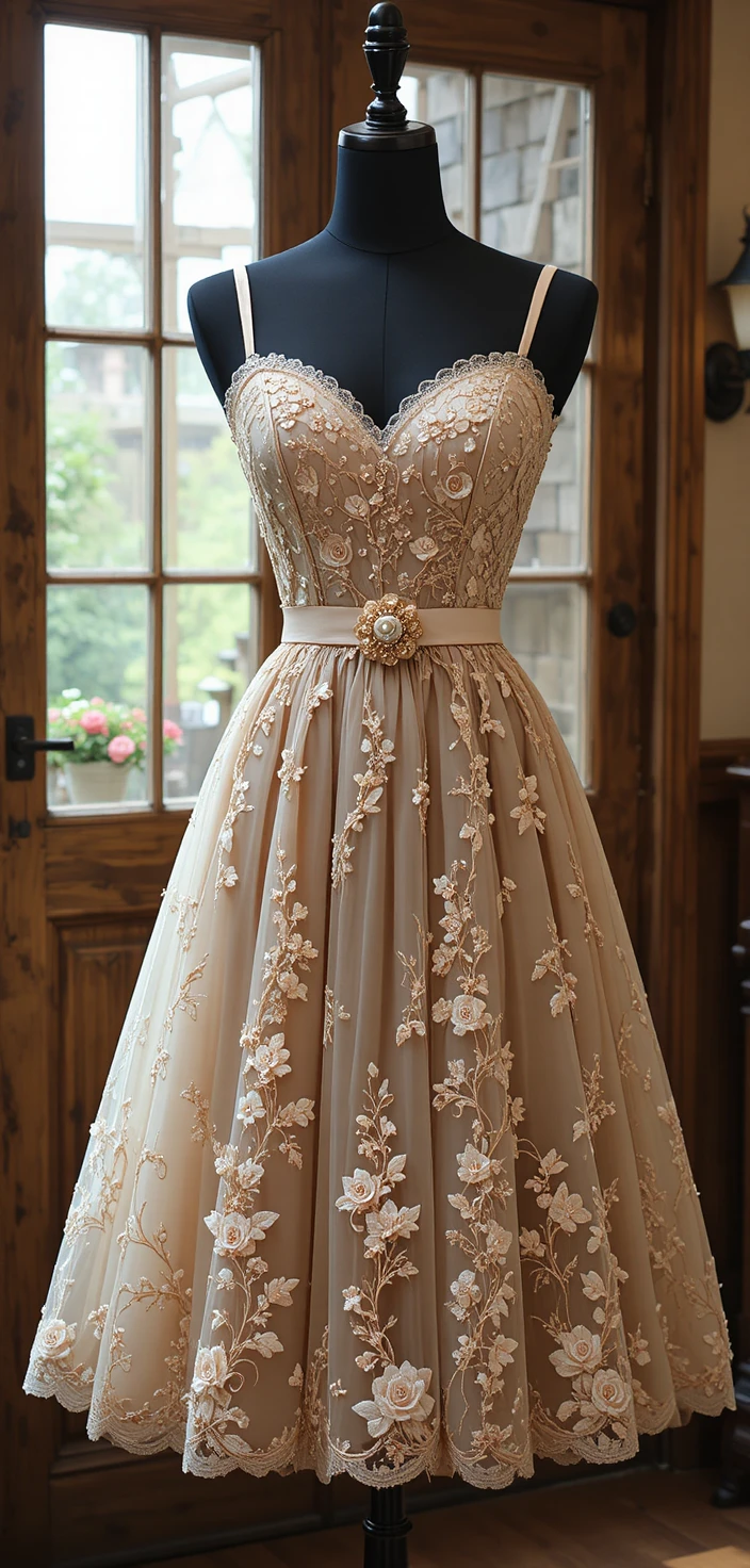 Elegant champagne dress on mannequin by vintage window