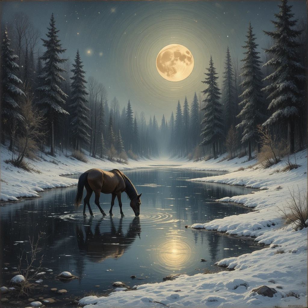 Horse Drinking From Moonlit Lake In Snowy Forest