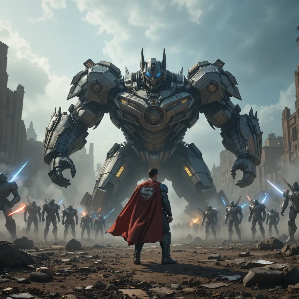 Superhero faces giant robot in post apocalyptic battlefield
