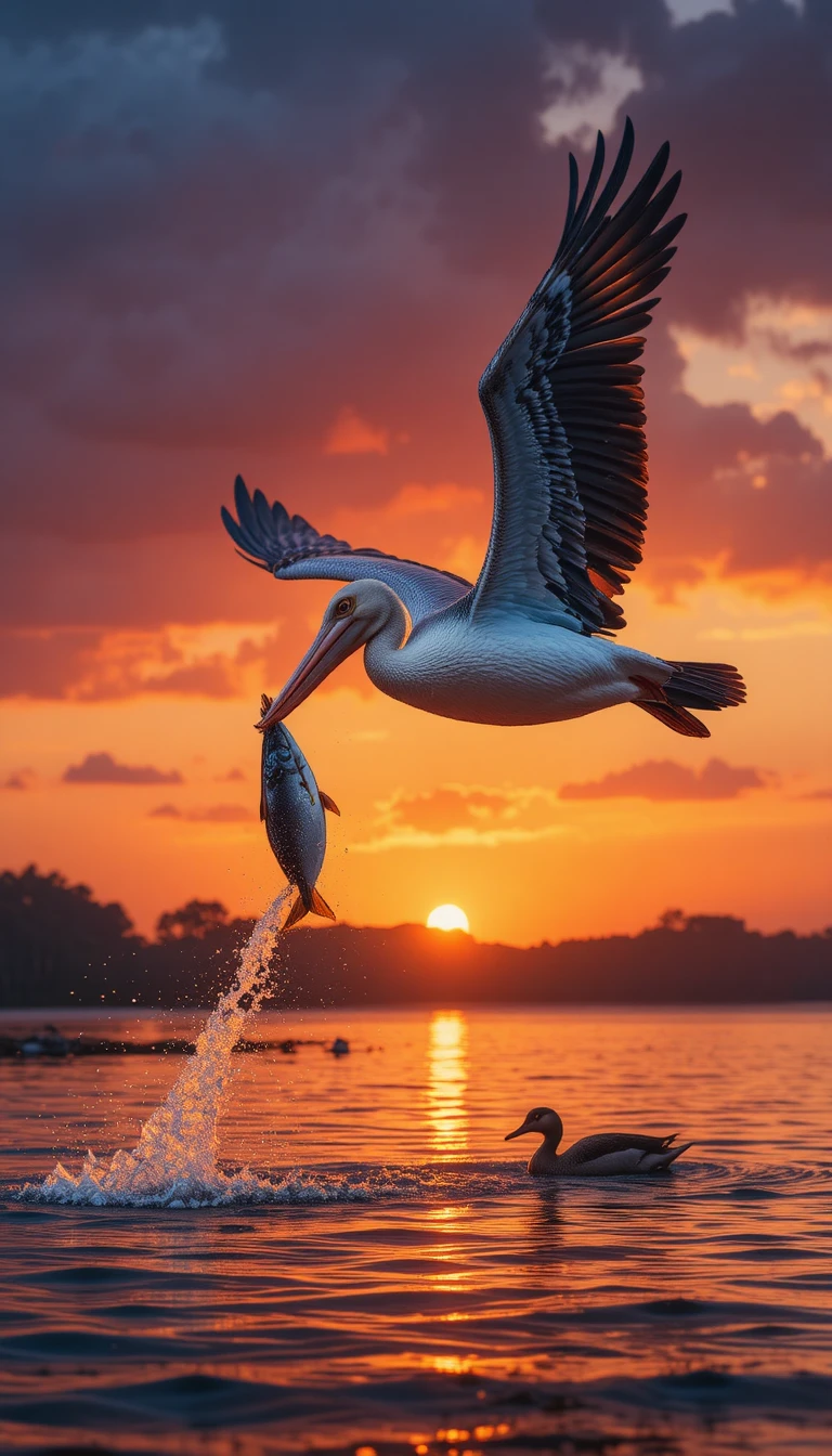 Pelican catching a fish at sunset above a calm lake