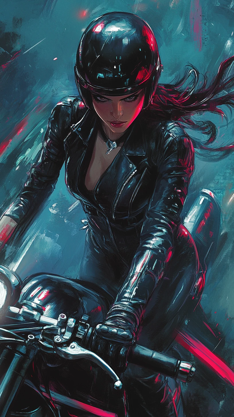 Guerrera con katana en una motocicleta de alta tecnología