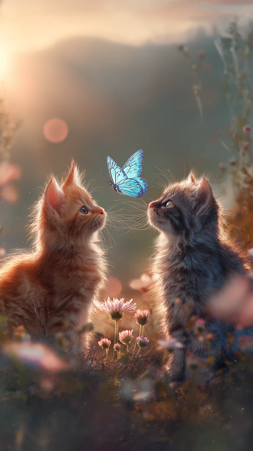 Dos gatitos acechando a una mariposa azul en un prado soleado