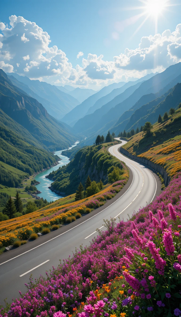 Winding mountain highway through a bright wildflower valley