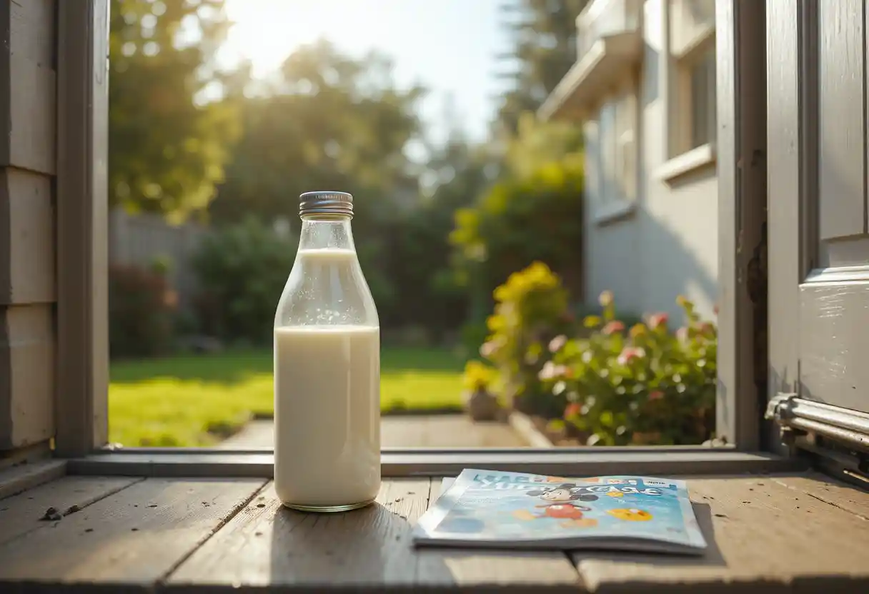 Milchflasche und Kindermagazin auf sonniger Türschwelle