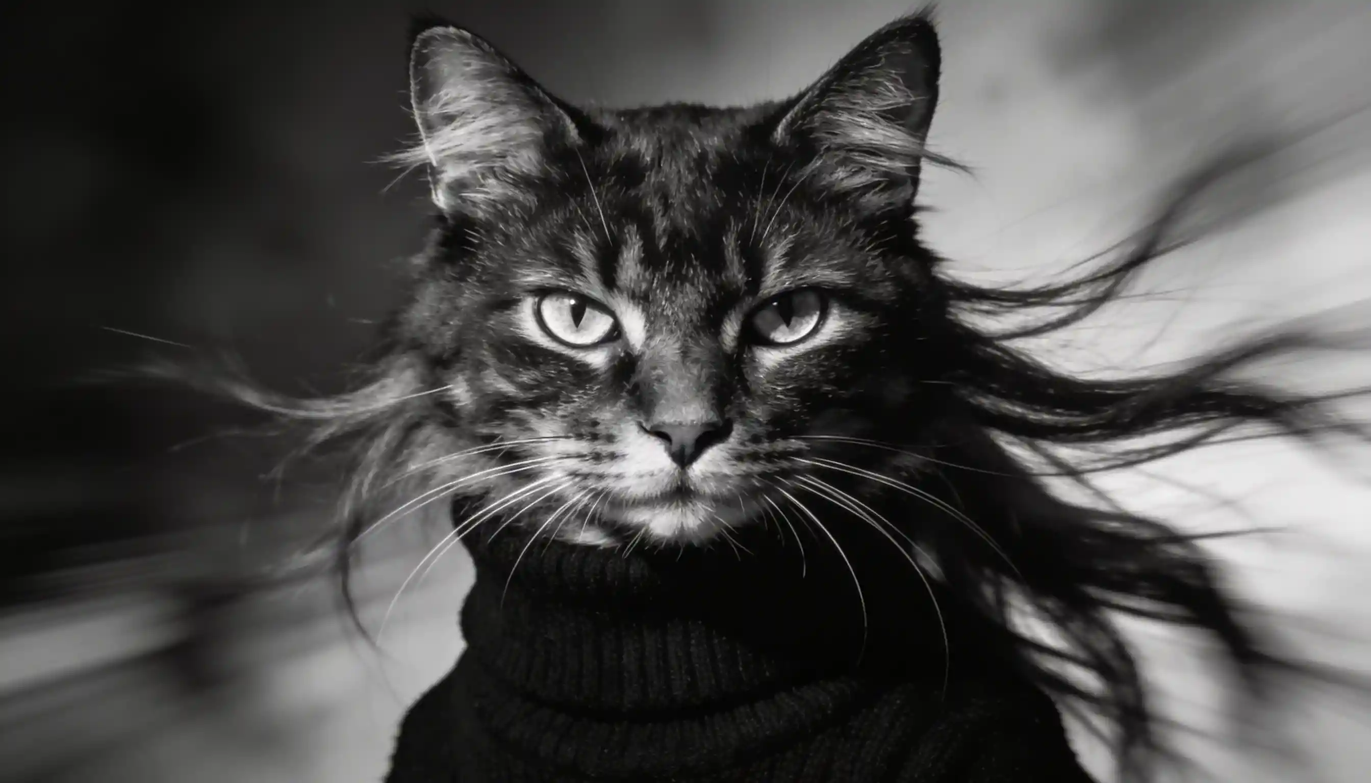 タートルネックを着た猫のドラマチックな白黒ポートレート