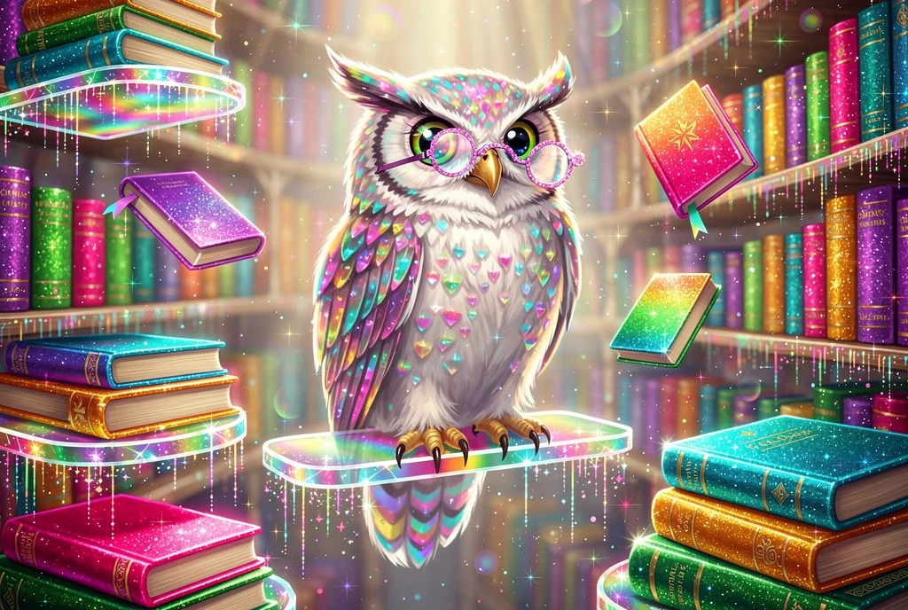 光り輝く虹色の幻想図書館の荘厳なフクロウ