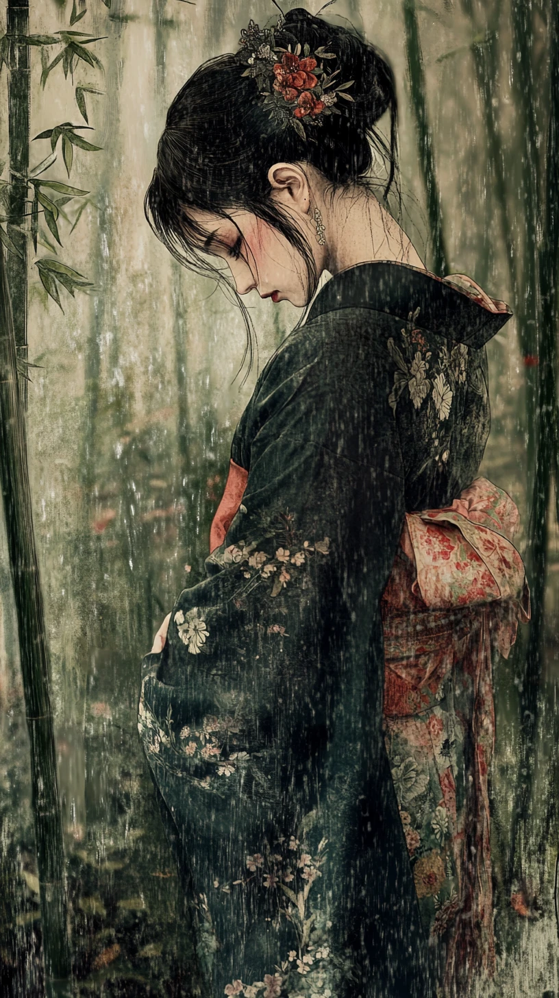 雨の竹林に立つ伝統衣装の若い女性