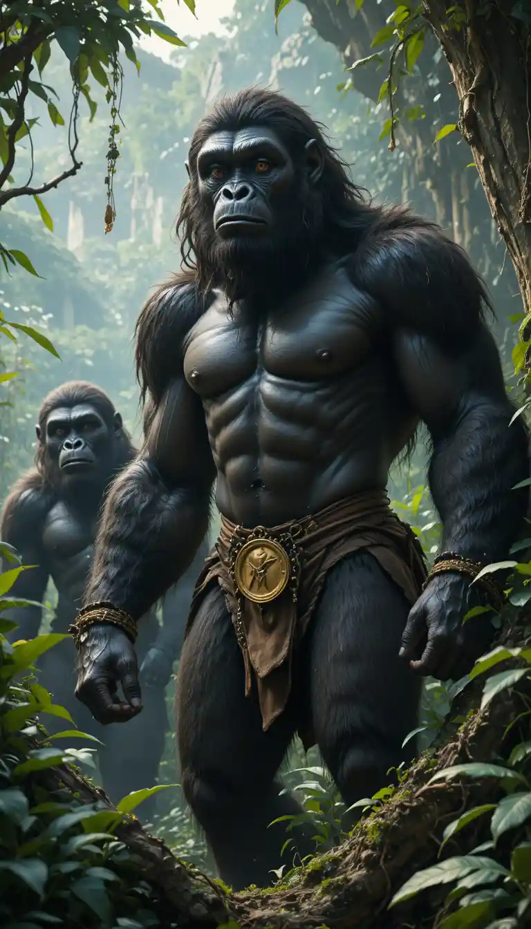 Hombre salvaje de la jungla dividido entre la familia humana y la familia de gorilas