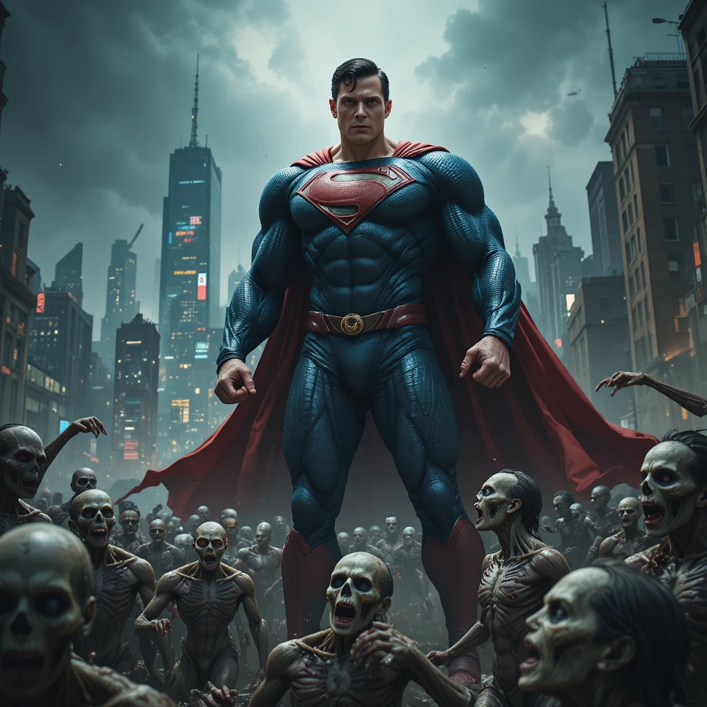 Superhero Faces Zombie Horde In Ruined Metropolis Streets