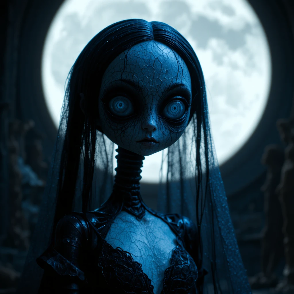 Porcelain limbed doll in eerie chiaroscuro moonlight
