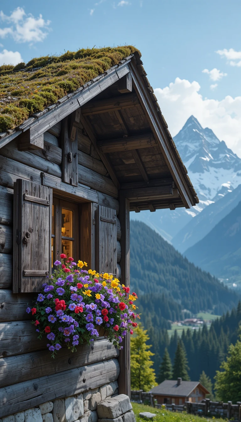 Rustic alpine chalet with colorful flowers and mountains