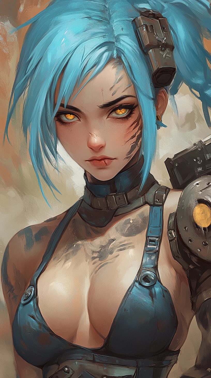 Scarred warrior woman with tattoos in blue fantasy armor