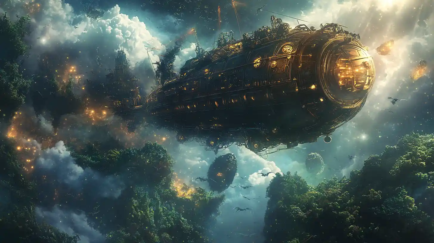 Steampunk airship over a glowing alien jungle sky