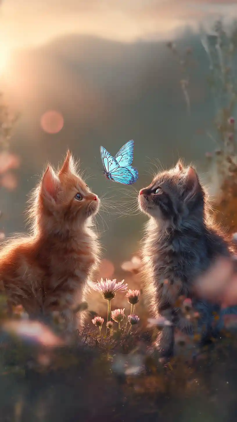 Two kittens stalking a blue butterfly in a sunny meadow