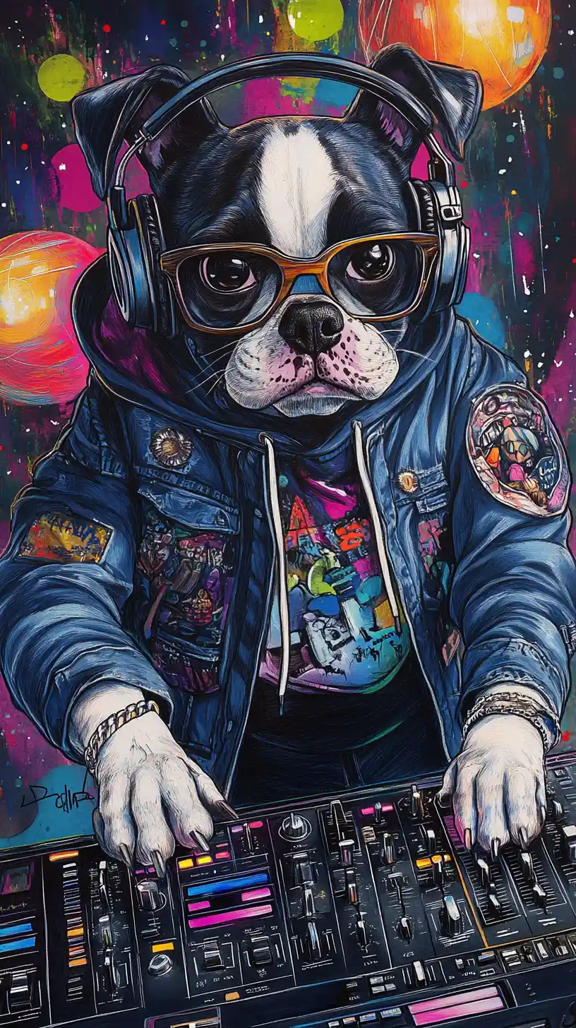 Perro DJ antropomórfico con gafas en una discoteca vibrante