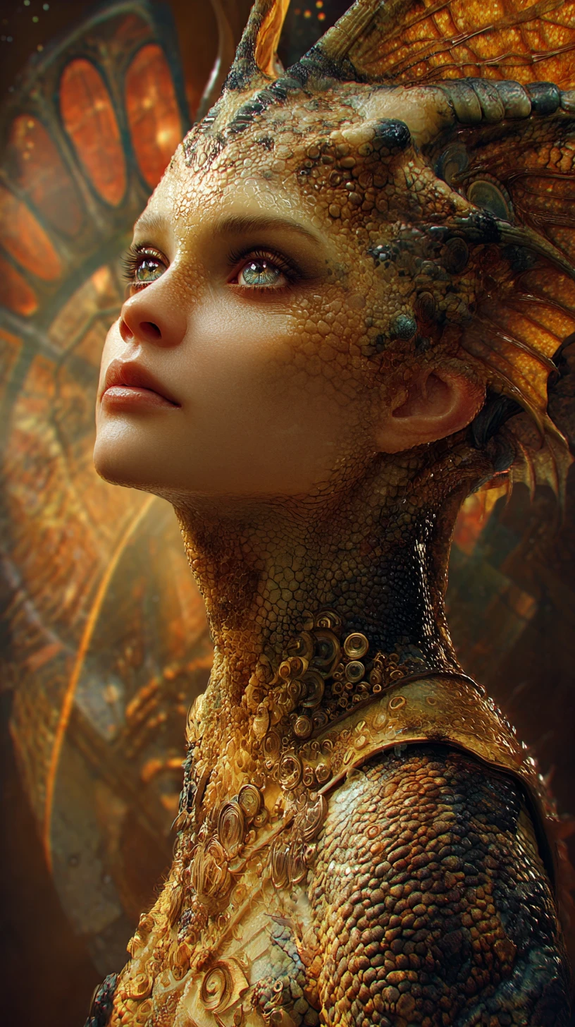 Regal alien empress portrait with shimmering warm scales