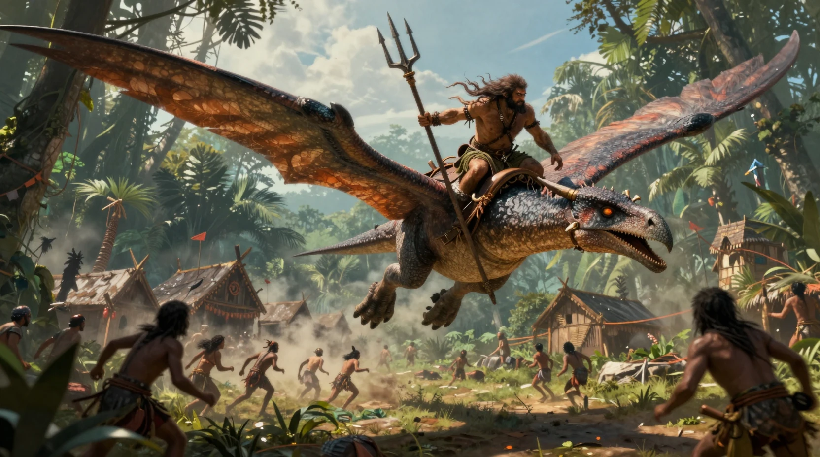 Barbarian Riding A Diving Pterodactyl Over Jungle Village